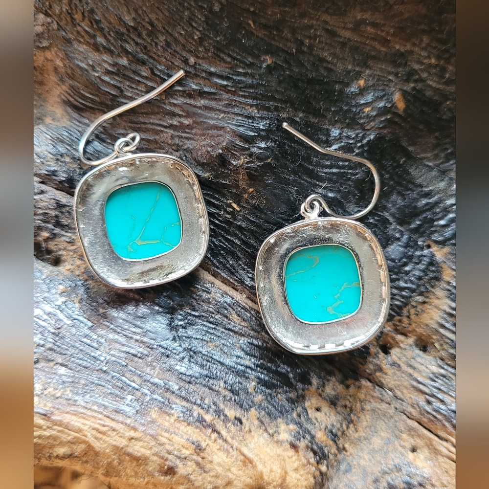 Square Shaped Turquoise and Silver Toned Earrings - Picture 3 of 3